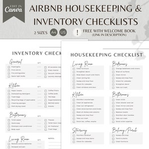 Peut inclure: Deux listes de contrôle imprimables pour l'entretien ménager et l'inventaire Airbnb, aux formats A4 et US. La liste de contrôle d'inventaire couvre les fournitures générales, la cuisine, les salles de bains et les articles de salon. La liste de contrôle de l'entretien ménager comprend les tâches du salon, de la chambre, de la cuisine, de la salle de bain et du balcon.