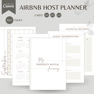 May include: A printable planner for Airbnb hosts with 50+ pages. The planner includes a calendar, guest information, and financial records. The planner is available in three sizes: A4, A5, and US.