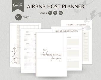 May include: A printable planner for Airbnb hosts with 50+ pages. The planner includes a calendar, guest information, and financial records. The planner is available in three sizes: A4, A5, and US.
