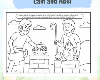 Può includere: Illustrazione in bianco e nero di Caino e Abele dalla Genesi. Caino, con uno strumento, presenta un cesto di frutta. Abele offre un agnello e fuoco. Testo: "Caino e Abele" e un versetto biblico.