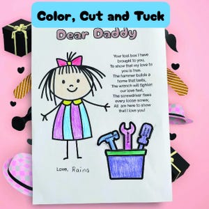 Printable fathers day craft for preschool, easy card for uncle and grandparents, toolbox coloring page A4 for kids, coloring fathers day