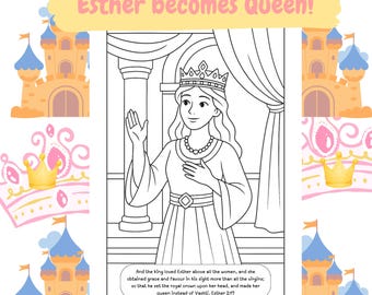 Op de afbeelding: Zwart-wit illustratie van een vrouw met een kroon en gewaad, met de tekst "Esther wordt koningin!" bovenaan. De afbeelding bevat tekst uit Esther 2:17.