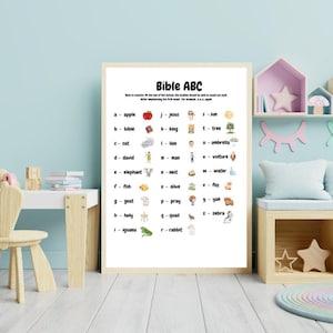 Einfacher Druck, sofortiger Download Alphabet Bibel Wandkunst, Poster für Kindergarten, Vorschule, Kinderzimmer Spielzimmer, bibelbasiert und lustige Bilder