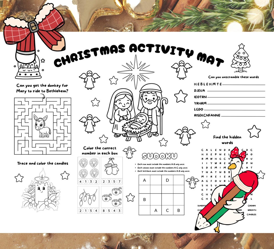 Printable Nativity Activity Mat for Kids | Christmas Coloring, Maze ...