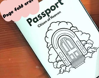 May include: A white paper craft titled "Passport" with the text "Citizen of Heaven" and a black and white illustration of a door surrounded by clouds. A pink speech bubble reads "Page fold craft".