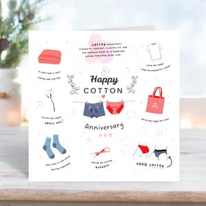 May include: A square greeting card with a white background featuring various illustrations of cotton-based items including a blanket, t-shirt, tote bag, socks, and underwear. The text reads Happy Cotton Anniversary with phrases about cotton.