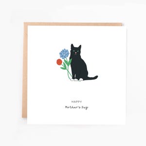Tarjeta del Día de la Madre con Gato Negro, Tarjeta del Gato, Tarjeta de Gato con ramo de flores