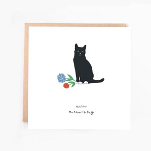 Carte de fête des mères chat noir, carte du chat, carte chat avec bouquet de fleurs