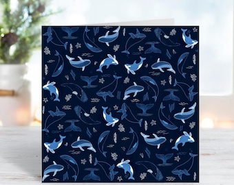 Whales Greeting Card – Nautical Ocean Animal Art, Blank Inside