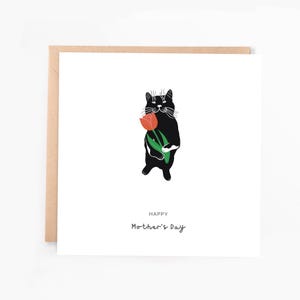 Carte de fête des mères chat noir, carte du chat, carte chat avec fleur rouge