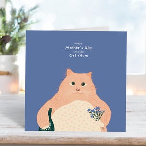 Carte de fête des mères gros chat avec des fleurs, carte de maman chat, carte du chat