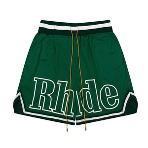 Rhude Shorts American High Street Stitching Striped Elastic Sports Mesh Basketball Shorts Unisex Green