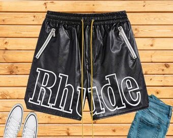 Rhude Shorts Letter Printed Elastic Pants PU Leather Shorts American High Street Casual Loose Beach Shorts Unisex