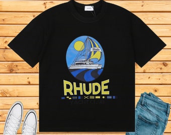 Rhude T-shirt Sailing Boat Sunset Flag Letter Print High Street Casual Round Neck Loose Short Sleeve Unisex