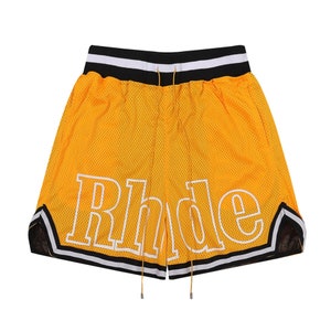 Rhude Shorts American High Street Stitching Striped Elastic Sports Mesh Basketball Shorts Unisex Yellow