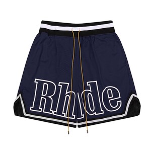 Rhude Shorts American High Street Stitching Striped Elastic Sports Mesh Basketball Shorts Unisex Blue