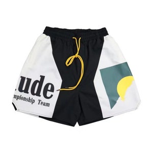 Rhude Shorts Sunset Theme Color Matching Elastic Sports Casual Shorts High Street Beach Shorts Unisex Black