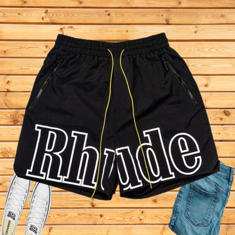 Rhude Shorts Letters Casual Sports Shorts American High Street Casual Loose Beach Shorts Unisex Black-1