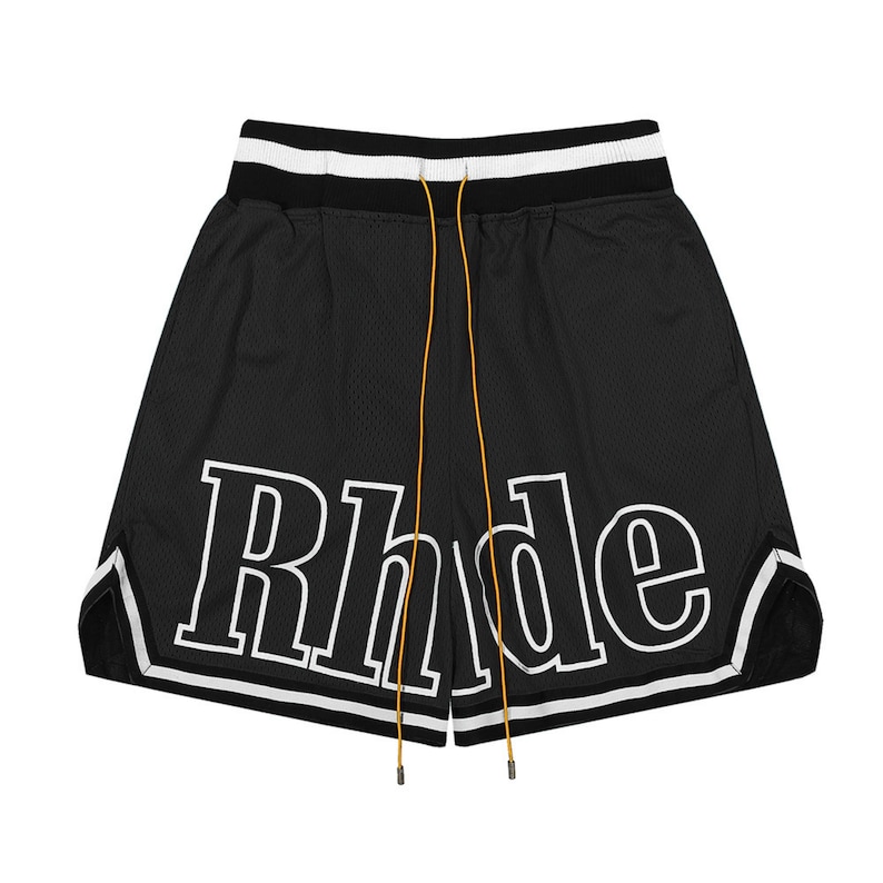 Rhude Shorts American High Street Stitching Striped Elastic Sports Mesh Basketball Shorts Unisex Black