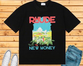 Rhude T-shirt Castle Coconut Tree Letter Print Short Sleeve T-Shirt Couple High Street Loose Casual Short Sleeve Unisex