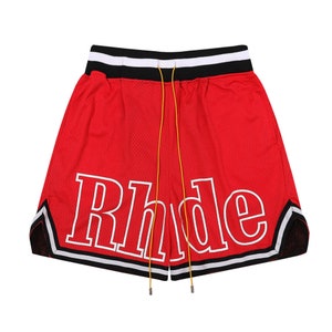 Rhude Shorts American High Street Stitching Striped Elastic Sports Mesh Basketball Shorts Unisex Red