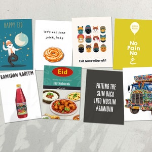 Könnte beinhalten: Eine Sammlung von Grußkarten mit verschiedenen Designs und Botschaften rund um Ramadan und Eid. Die Karten zeigen Illustrationen von Menschen, Essen, Tieren und einem LKW. Der Text auf den Karten lautet "Happy Eid", "Ramadan Kareem", "Eid Mubarak", "Let's eat some jalebi, baby", "Eid MeowBarak!" und "No Pain No Gain".