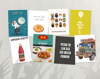 May include: A collection of greeting cards with various designs and messages related to Ramadan and Eid. The cards feature illustrations of people, food, animals, and a truck. The text on the cards includes "Happy Eid", "Ramadan Kareem", "Eid Mubarak", "Let's eat some jalebi, baby", "Eid MeowBarak!" and "No Pain No Gain".