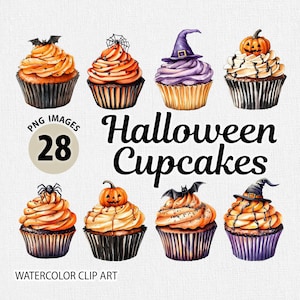 Clipart di cupcake spettrali ad acquerello, bundle di clipart di cottura, clipart di cibo di Halloween, diario di spazzatura kawaii, pianificatore digitale, immagini di artigianato di carta