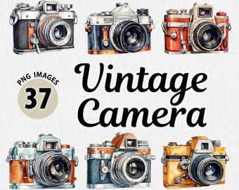Akvarell vintagekamera PNG Clipart-paket, akvarell retrokamera PNG, skräpjournal, digital planerare, retro collagebilder, kawaii PNG
