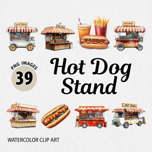 水彩ホットドッグスタンド PNG クリップアート バンドル、食品クリップアート、ホットドッグ PNG、フードトラック PNG、ホットドッグカート、ファーストフード クリップアート、ホットドッグパーティー PNG