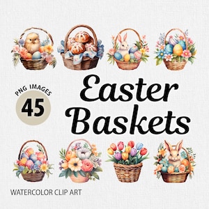 Pacote de Cesta de Páscoa em Aquarela PNG, Clipart de Cesta de Páscoa, Clipart de Ovos de Páscoa png, Pãezinhos Quentes PNG, Flor de Primavera PNG, Coelhinho da Páscoa png