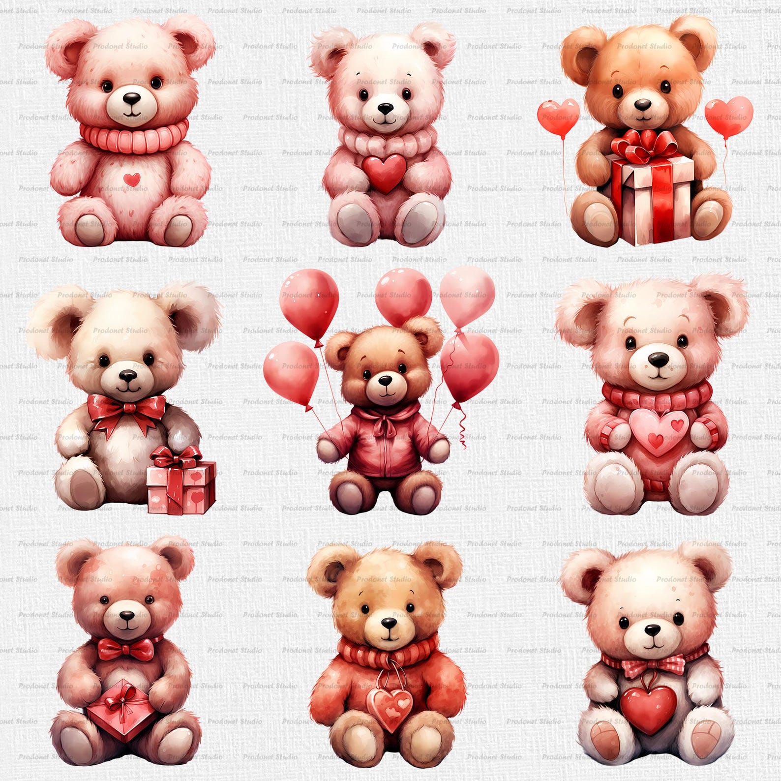 Watercolor Valentine’s Day Teddy Bear PNG Clipart Bundle, Cute Teddy ...