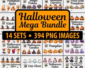 Halloween akvarell Clipart Mega Bundle: 394 PNG-bilder (digital nedladdning)