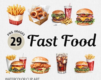 Watercolor Fast Food PNG Clipart Bundle, Fast Food Clipart, Burger PNG, French Fries Clipart, Hamburger Clipart, Food Clipart Illustration
