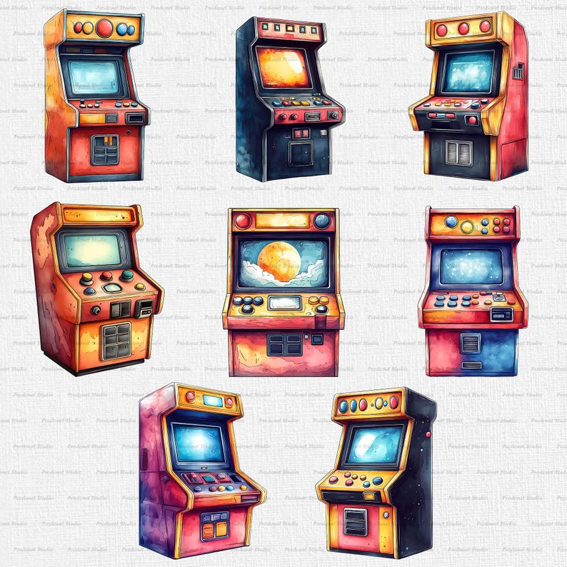 Watercolor Arcade Machine PNG Clipart Bundle, Watercolor Retro Arcade ...