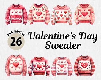 Akvarell Alla hjärtans dag-tröja PNG Clipart-paket, rosa tröja Clipart, romantisk Alla hjärtans dag-illustration, vintertröjor PNG clipart
