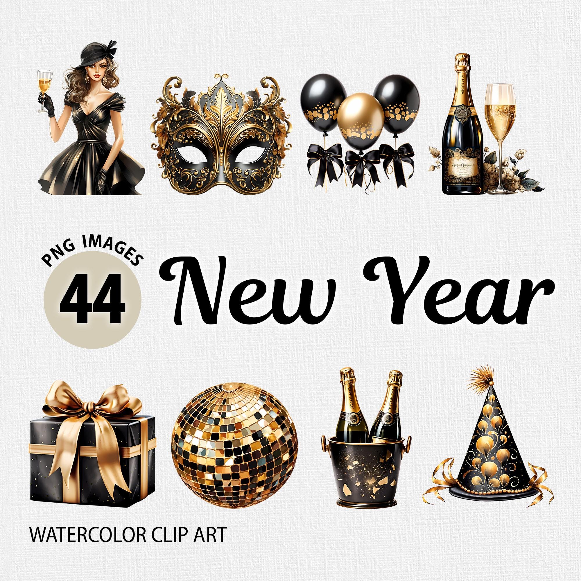 Watercolor New Year's Eve PNG Clipart Bundle, New Year Party, Sparkling ...