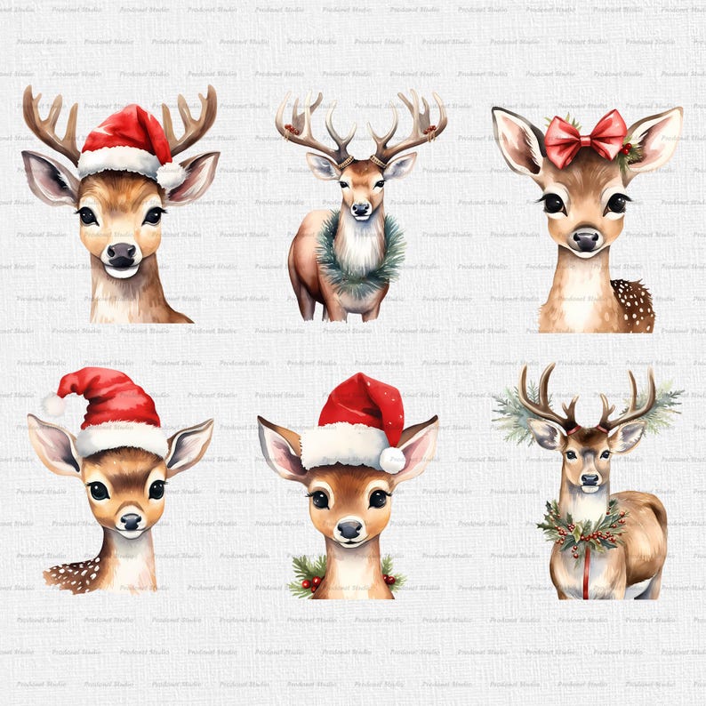 Peut inclure: Six illustrations &agrave; l'aquarelle de cerfs avec des d&eacute;corations de No&euml;l. Les cerfs portent des bonnets de P&egrave;re No&euml;l, un n&oelig;ud rouge et une couronne. L'arri&egrave;re-plan est gris clair avec une texture subtile.