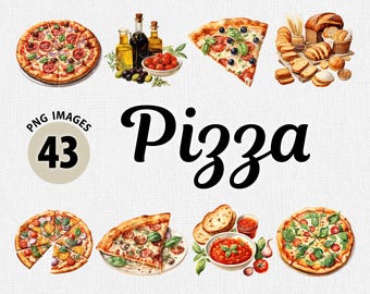 Watercolor Pizza PNG Clipart Bundle, Food Clipart, Italian Food PNG, Pizza Night Clipart, Slice of Pizza png, Pizza Time PNG, Italian Bread