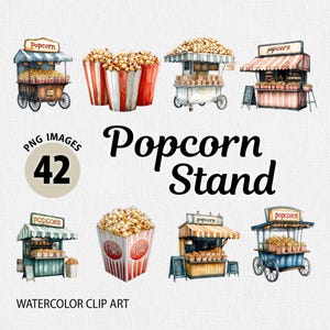 Watercolor Popcorn Stand PNG Clipart Bundle, Food Clipart, Popcorn PNG, Movie Night Png, Snacks Clipart, Food Graphics, Birthday Party PNG