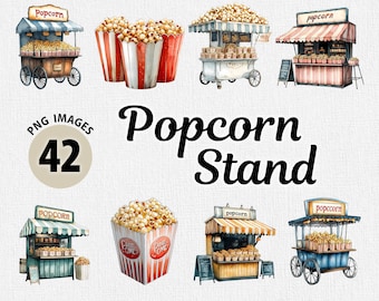Akvarell popcornställ PNG Clipart-paket, matclipart, popcorn PNG, filmkväll PNG, snacksclipart, matgrafik, födelsedagsfest PNG
