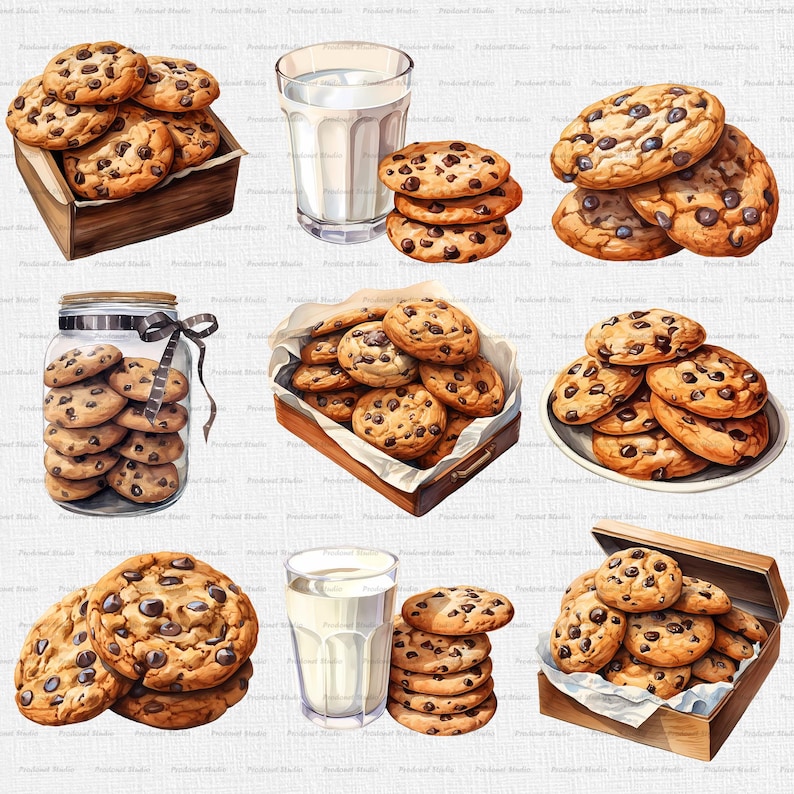 Watercolor Chocolate Chip Cookies PNG Bundle, Chocolate Chip Cookies ...