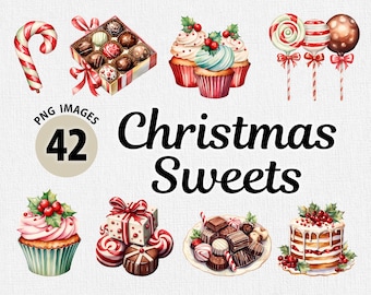 Aquarelle de bonbons de Noël PNG Clipart Bundle, cupcakes de Noël png, desserts de Noël png, nourriture de Noël PNG, chocolats de Noël png