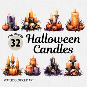 Watercolor Halloween Candle Clipart PNG, Transparent Background, Halloween Candles PNG Clipart Bundle, Pumpkin Skull Candle, Spooky Candles
