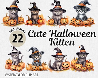 Cute Halloween Kitten Clipart, Watercolor Halloween PNG, Halloween cat Clipart Bundle, Halloween cat PNG, Halloween cats PNG, cat png bundle