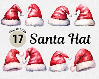 Aquarelle de Noël chapeau de père Noël PNG Bundle, clipart bonnet de Noel Noël, père Noël PNG, clipart père Noël, fond Transparent