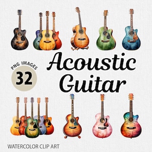Aquarel akoestische gitaar PNG clipart bundel, aquarel muziek clipart png, junk Journal, klassieke gitaar clipart, kleurrijke gitaren clipart