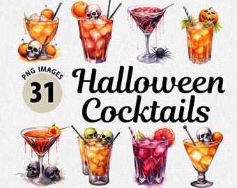 Clipart de coquetéis de Halloween em aquarela: pacote de bebidas assustadoras em PNG (imagem digital)