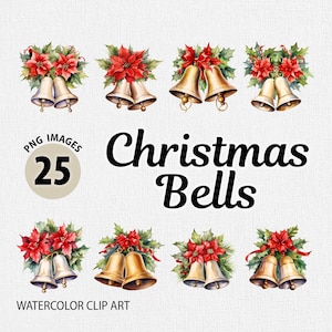 Aquarel kerstklokken PNG clipart bundel, hulstkrans png, aquarel kerstboom, Jolly Berry png, kerstmaretak png clipart