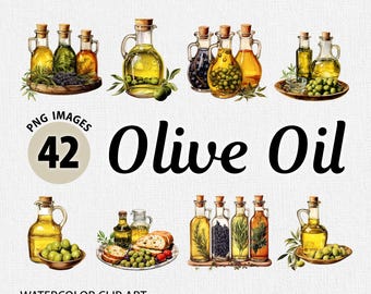 Paquete de imágenes prediseñadas de aceite de oliva en acuarela, imágenes prediseñadas de alimentos, imágenes prediseñadas de comida italiana, imágenes prediseñadas de aceitunas, imágenes prediseñadas de botella de aceite, imágenes prediseñadas de brunch, imágenes prediseñadas de condimentos
